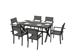 Conjunto De Jantar Externo De 7 Peças 6 Pessoas. Mesa E Cadeiras Empilháveis Com Ripas De Efeito Madeira. Estrutura De Alumínio. Cinza