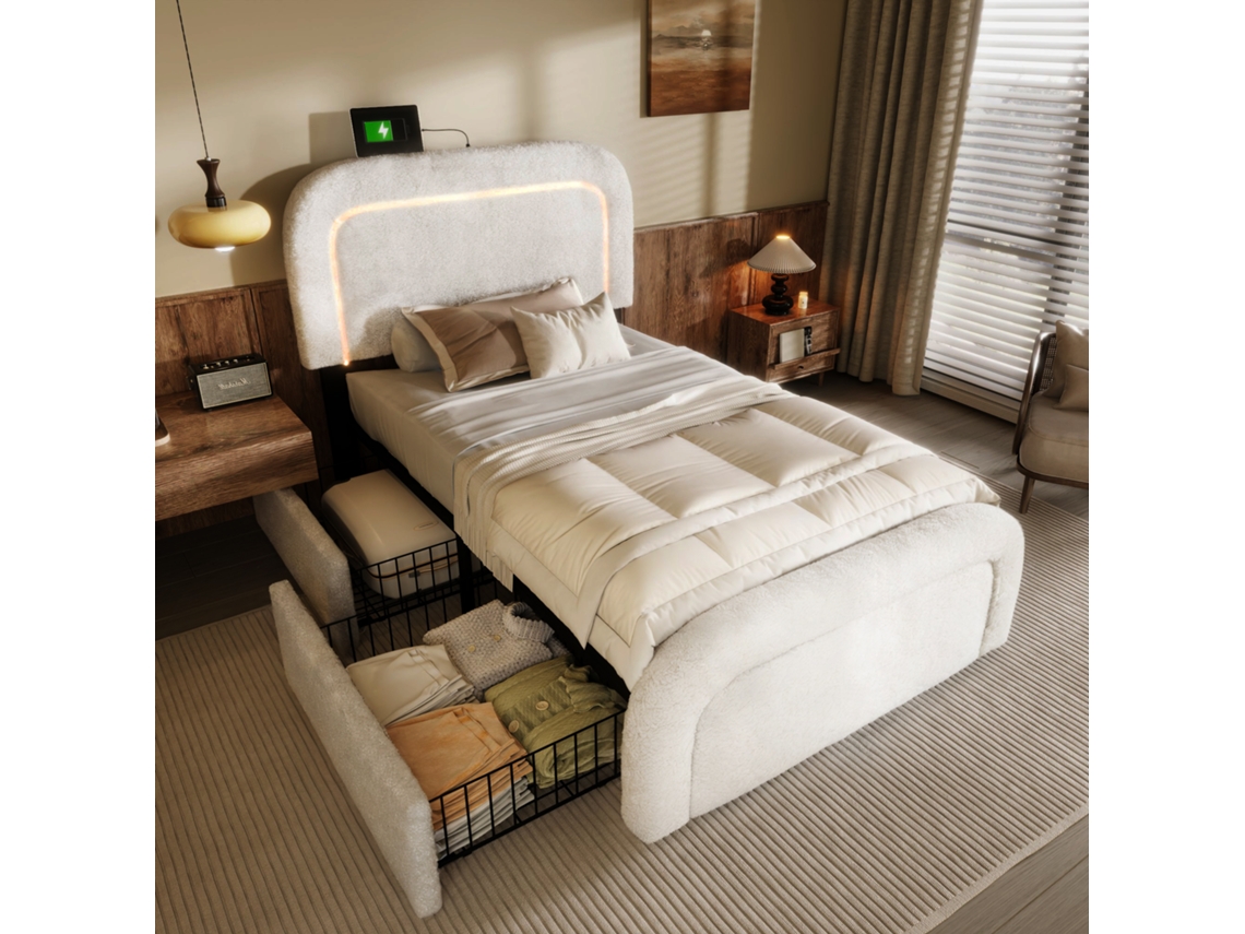 Cama de Solteiro 90x200 Cm com Led, Usb c, 2 gavetas, cabeceira ajustável, tecido sherpa branco, sem colchão VSOGA