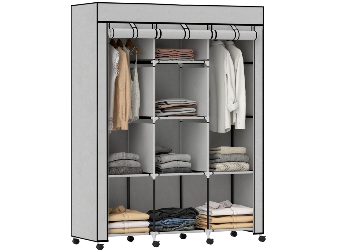 Guarda-roupa De Tecido, Solução De Armazenamento, 8 Prateleiras, 2 Varões Para Roupas, Cinza