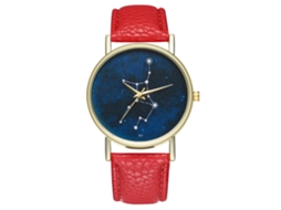 Relógio de quartzo com pulseira de couro PU, mostrador redondo moderno, céu estrelado vermelho.