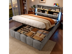 Cama Box 140x200 Cm Cinza Seda Led Usb Typ-c Hidráulica Armazenamento Sem Colchão