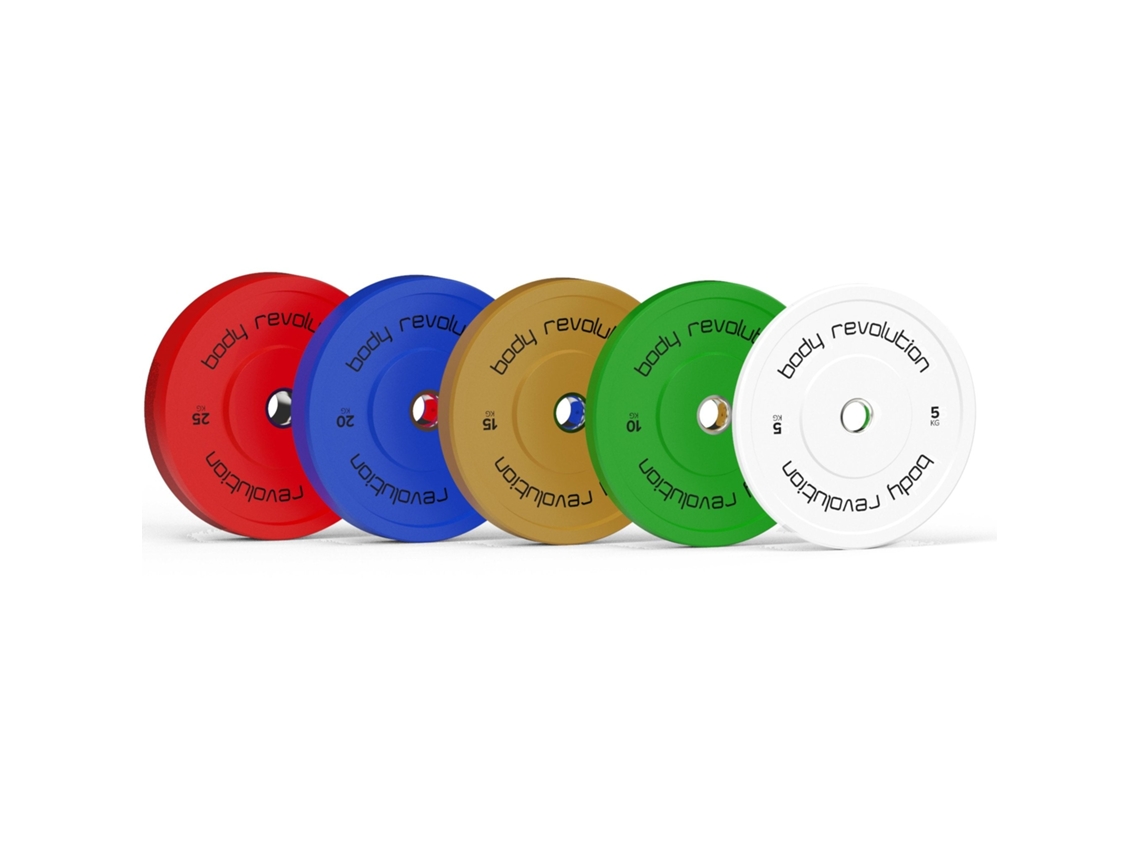 Conjunto Body Revolution 60kg De Bumper Plates Olímpicos (2x5kg, 2x10kg, 2x15kg). Borracha De Alta Densidade,