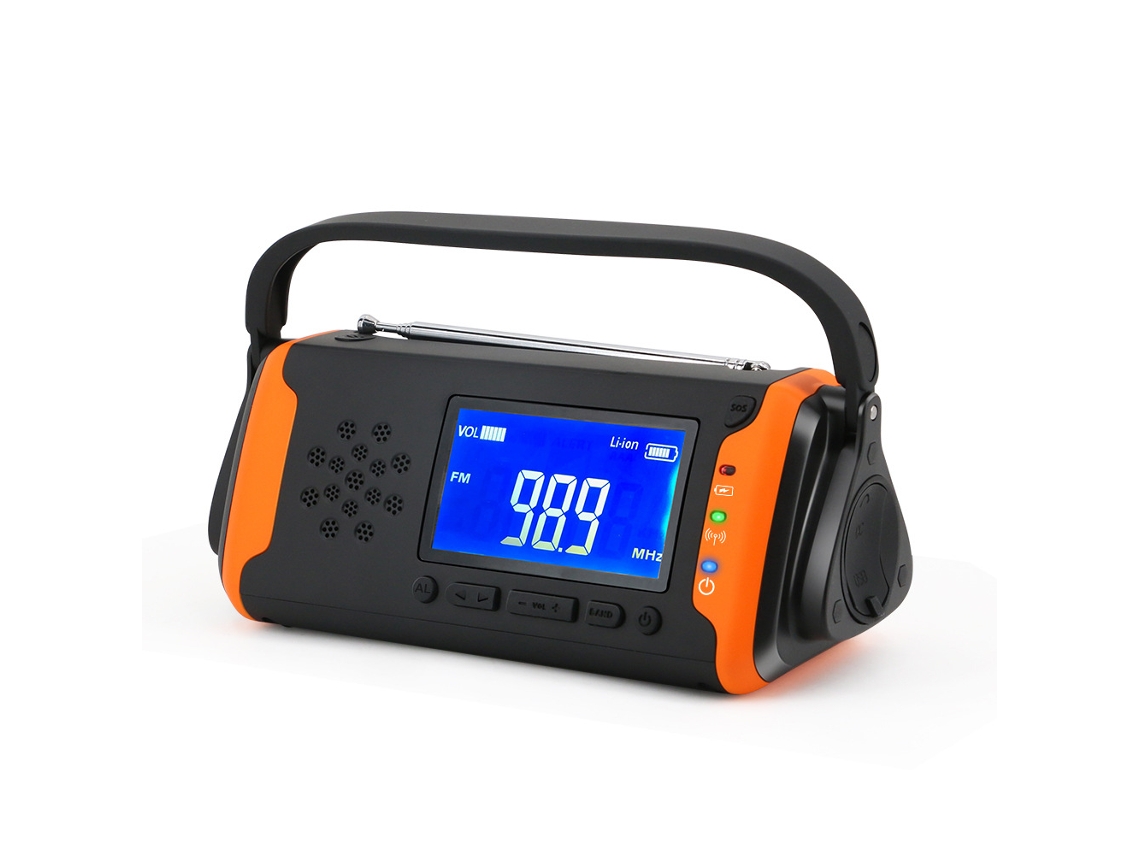 RÁDIO SOLAR AQUAFORGE, am/fm com manivela, lanterna potente, alarme sos, reprodutor de música