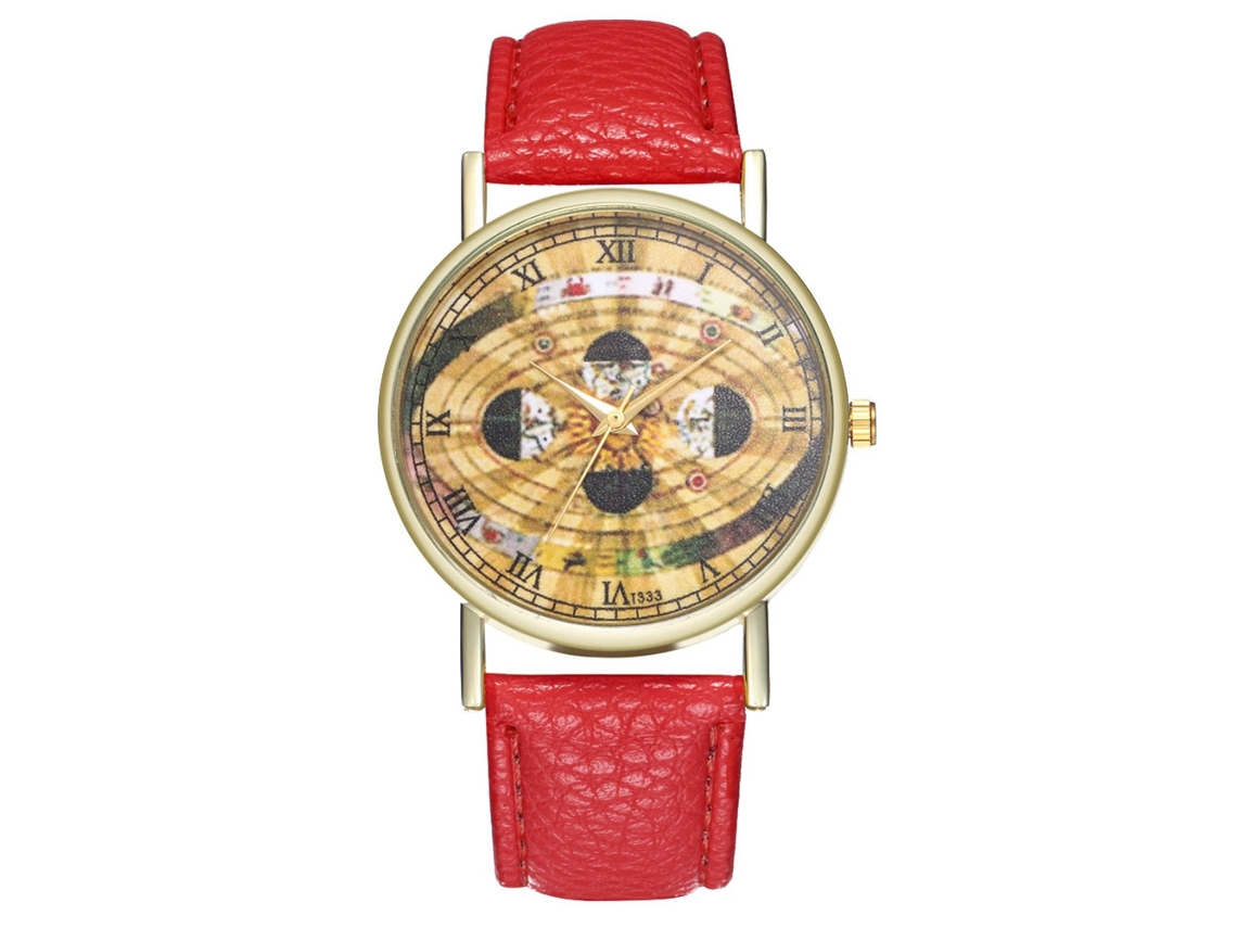 Relógio de Pulso de Quartzo Zhoulianfa com Pulseira Pu Padrão Espacial Dial Redondo Vermelho