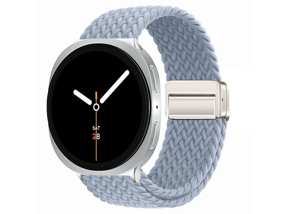Pulseira elástica de nylon com fecho magnético para Samsung Galaxy Watch8 Classic, estilo arco-íris, azul.
