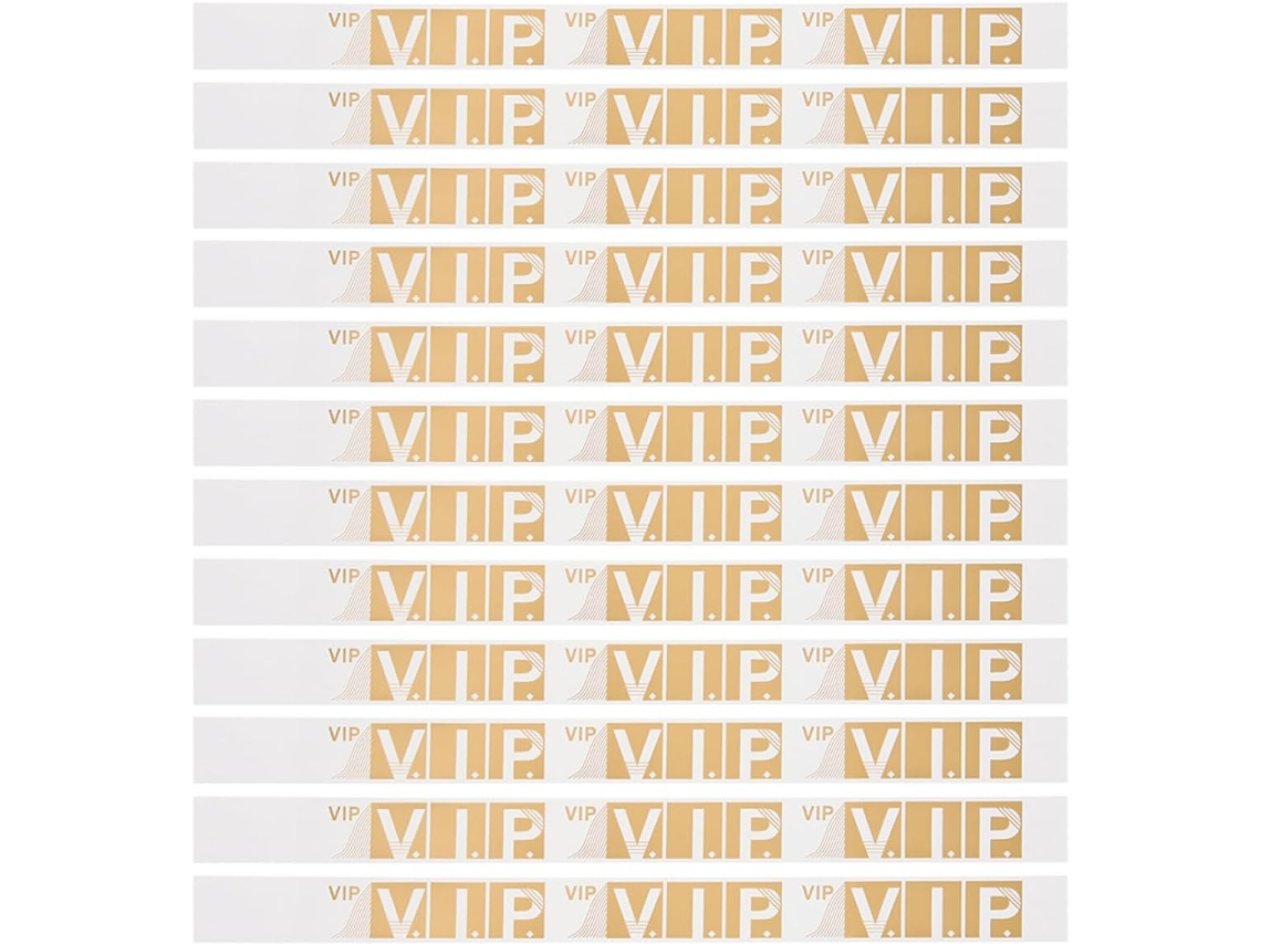 Pulseiras douradas de papel sintético, seguras e duráveis, para eventos VIP, com design elegante, ideais para eventos com até 300 convidados.