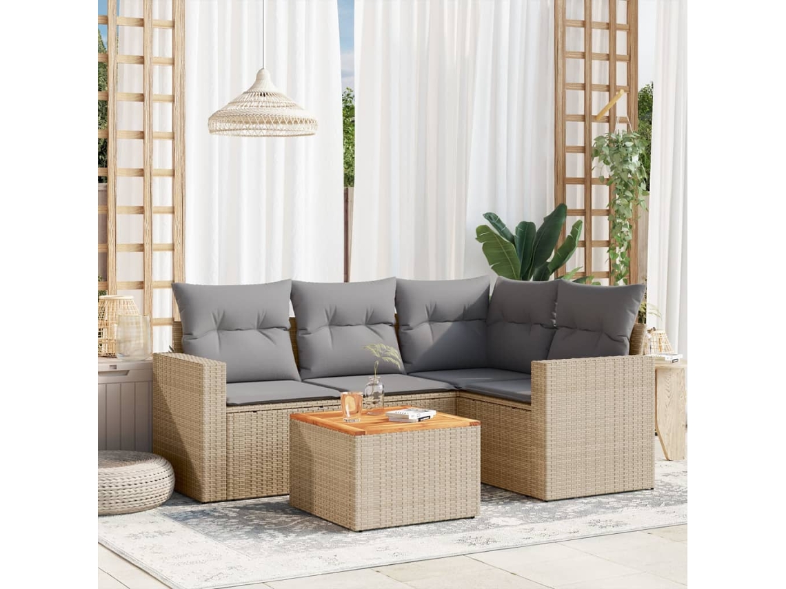 Vidaxl 5 Pcs Conj. Sofás Jardim C/ Almofadões Vime Pe Bege Misturado