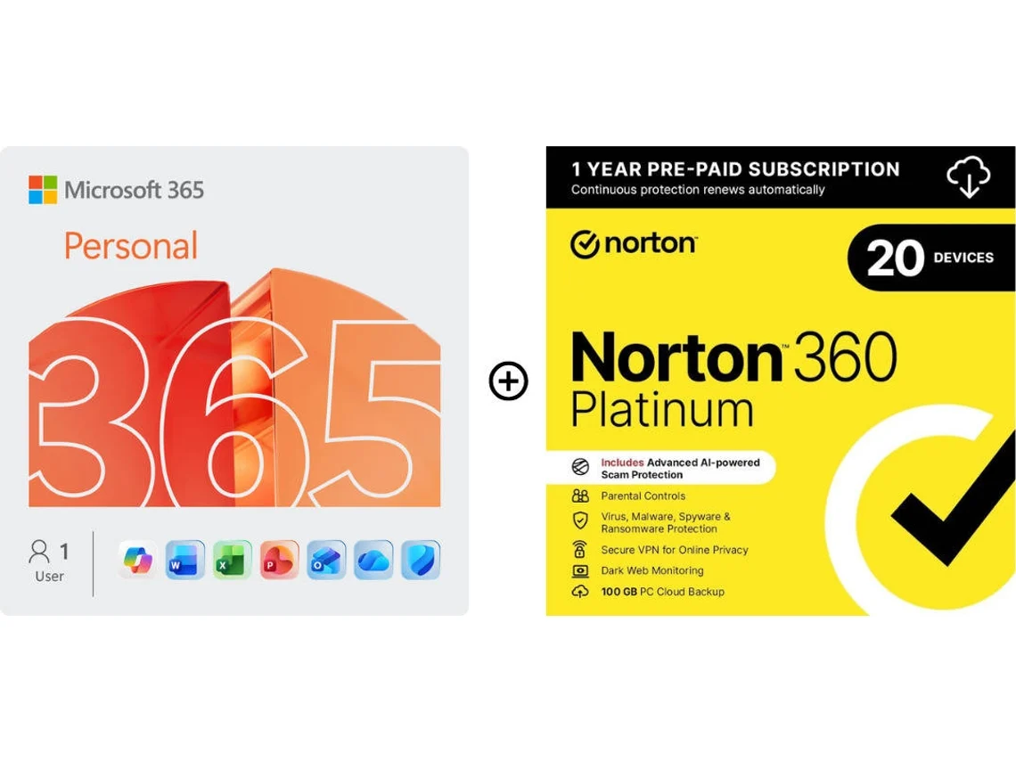  Bundle Software MICROSOFT 365 Pessoal + NORTON 360 Platinum (PC, Mac, Tablet e Smartphone - 12 Meses - Formato Digital)