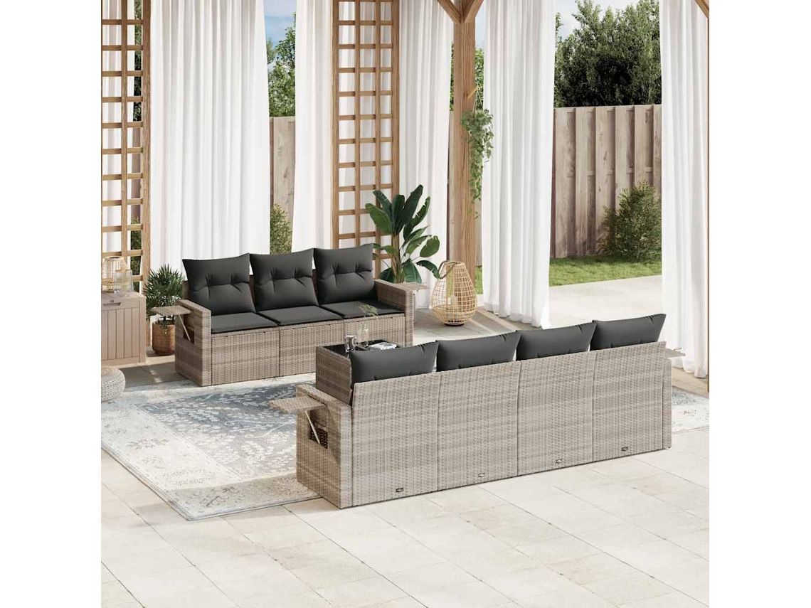 Vidaxl 8 Pcs Conj. Sofás Jardim C/ Almofadões Vime Pe Cinzento-claro