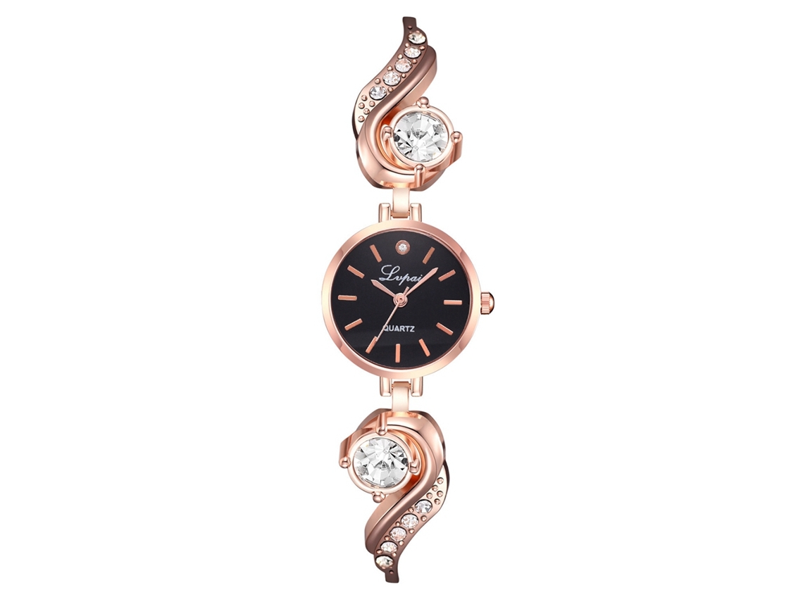 Relógio de Pulso para Mulher de Quartzo com Mostrador Redondo e Decoração de Strass Ouro Rosa e Preto