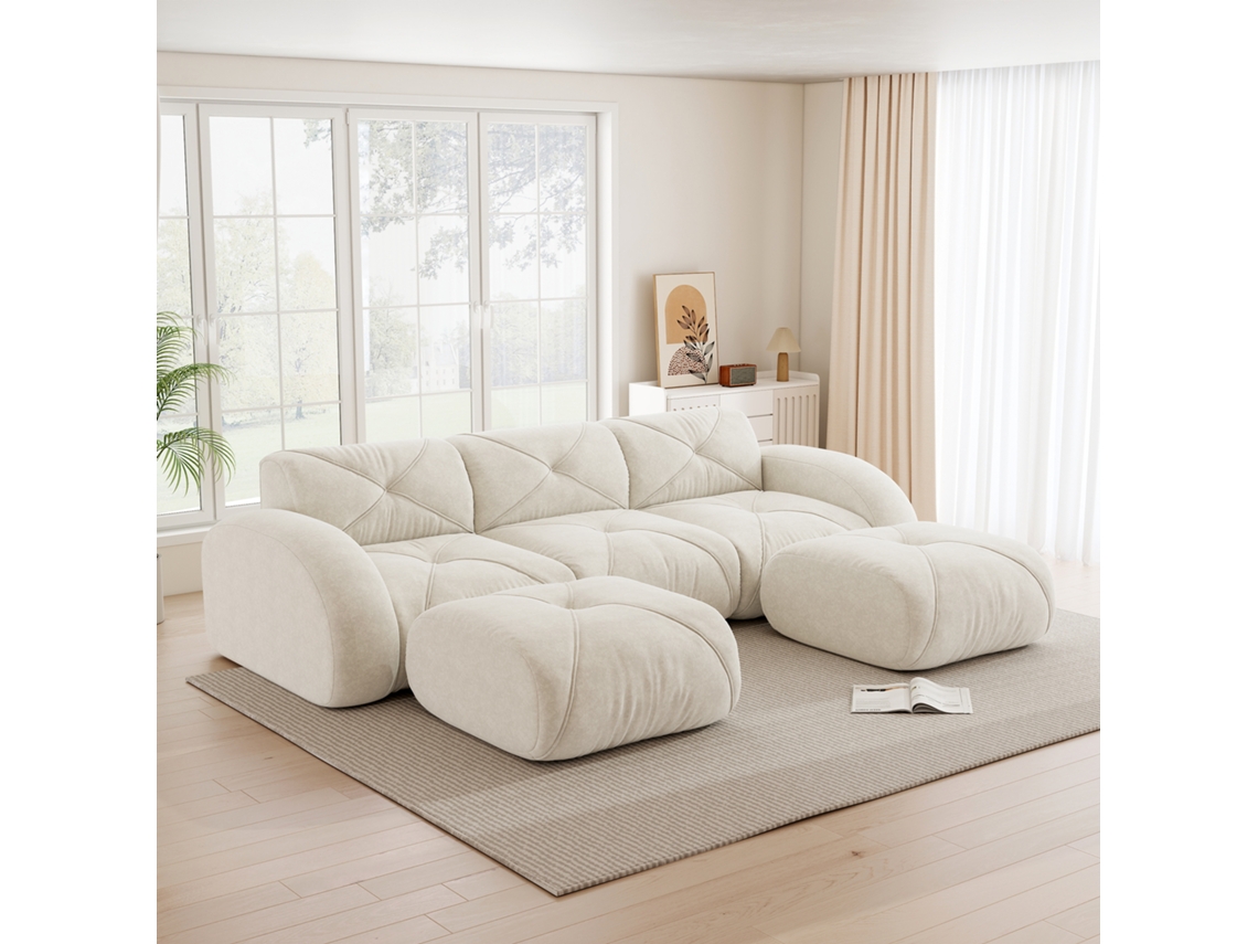 Sofá Modular 3 Lugares Em Forma De U, Tecido Chenille, Sem Montagem, Bege Claro