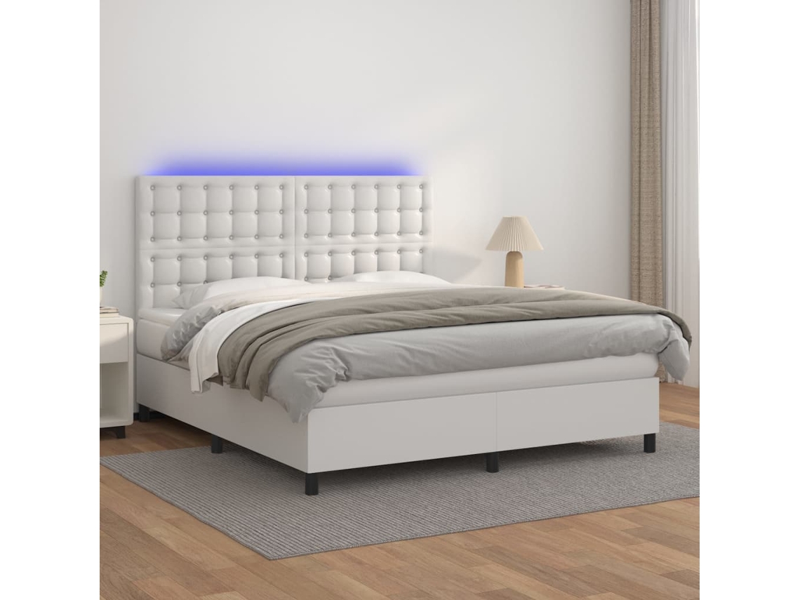 Vidaxl Cama Box Spring C/colchão/led 180x200cm Couro Artificial Branco