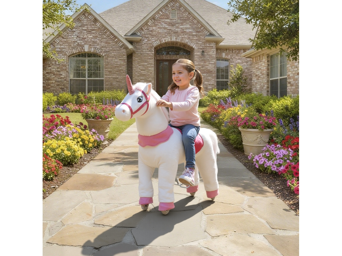 Cavalo de Balanço Infantil Unicórnio Branco com Capa de Tecido, Estrutura Resistente e Rodas Macias para Crianças de 3 a 5 Anos