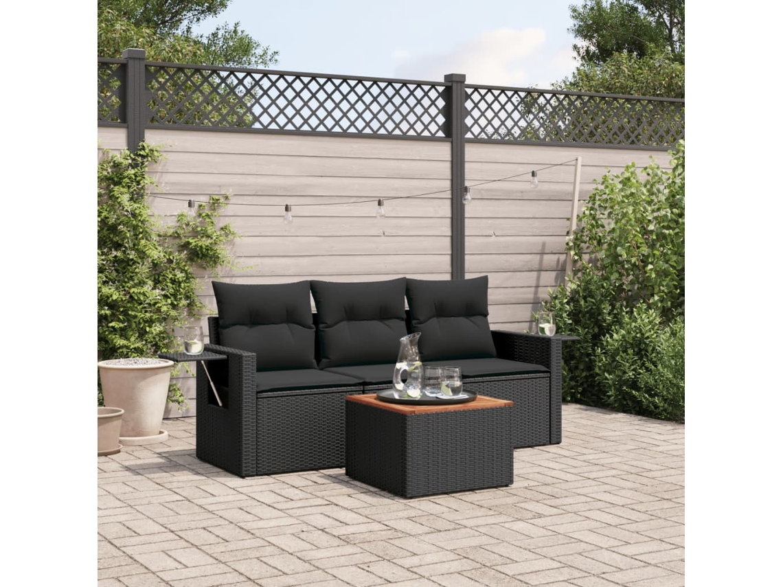 Vidaxl 4 Pcs Conjunto De Sofás Para Jardim C/ Almofadões Vime Pe Preto