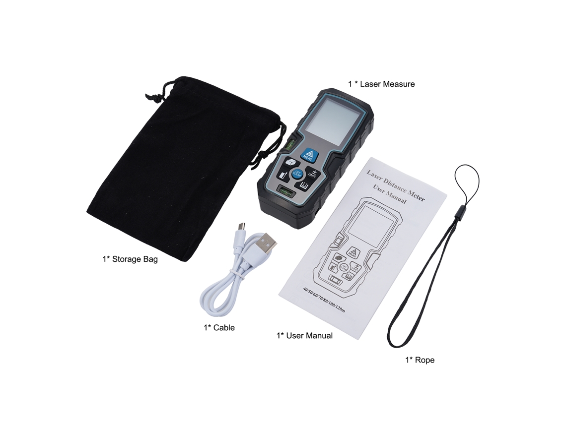 Medidor Laser Portátil com Bolha de Nível Duplo, IP54, LCD Iluminado | S/MARCA