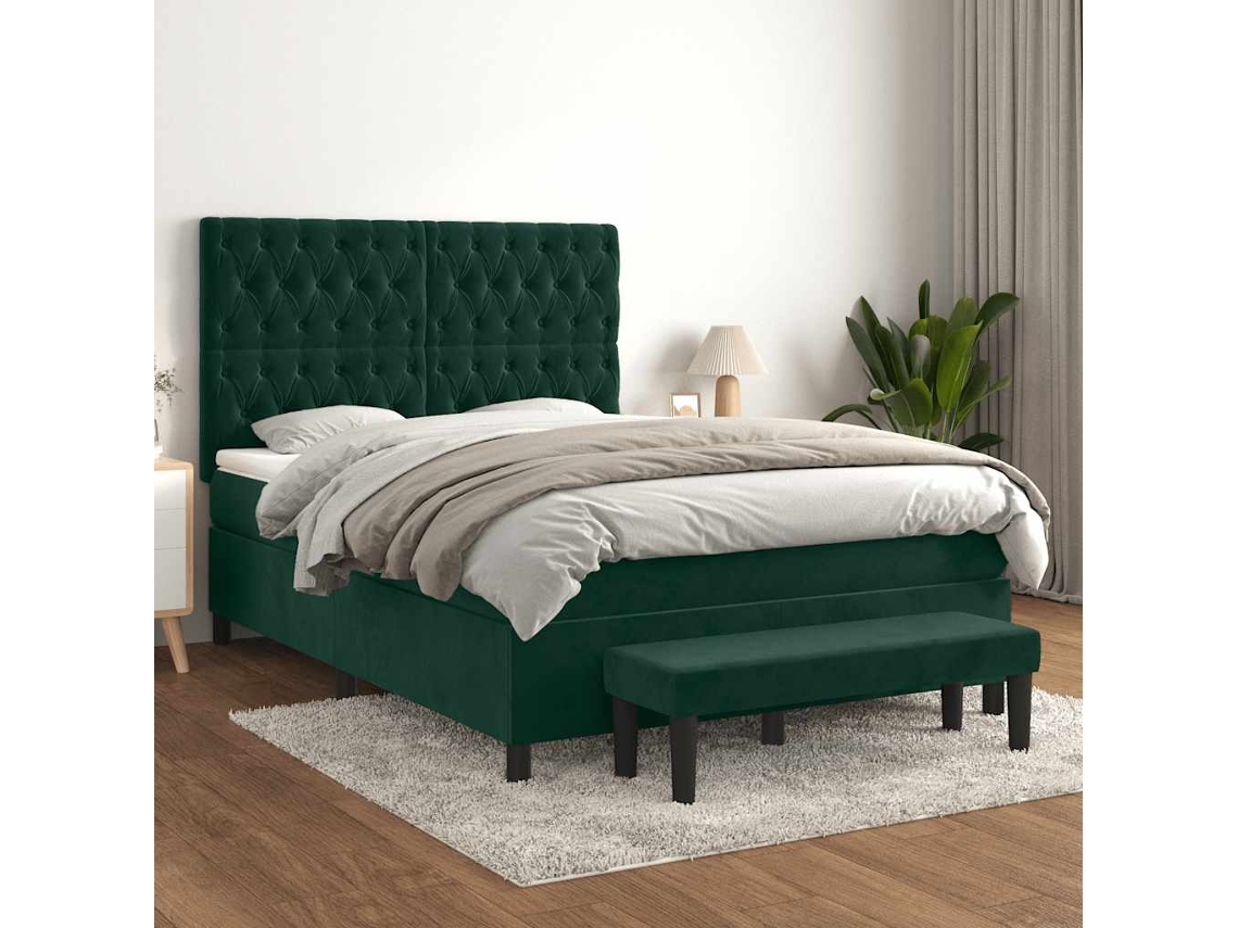 Vidaxl Cama Com Molas/colchão 140x190 Cm Veludo Verde-escuro