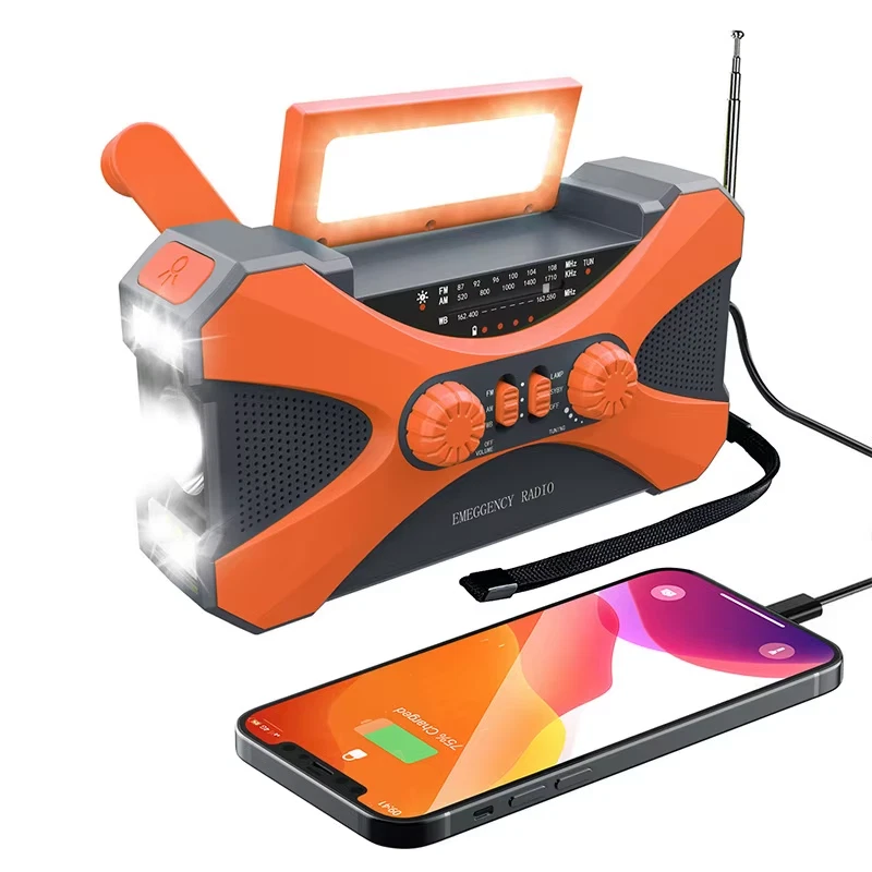 Rádio Solar De Emergência, Manivela, Bateria De 10000mah, Alarme Meteorológico, Lanterna Led Laranja SUNNY SPACES