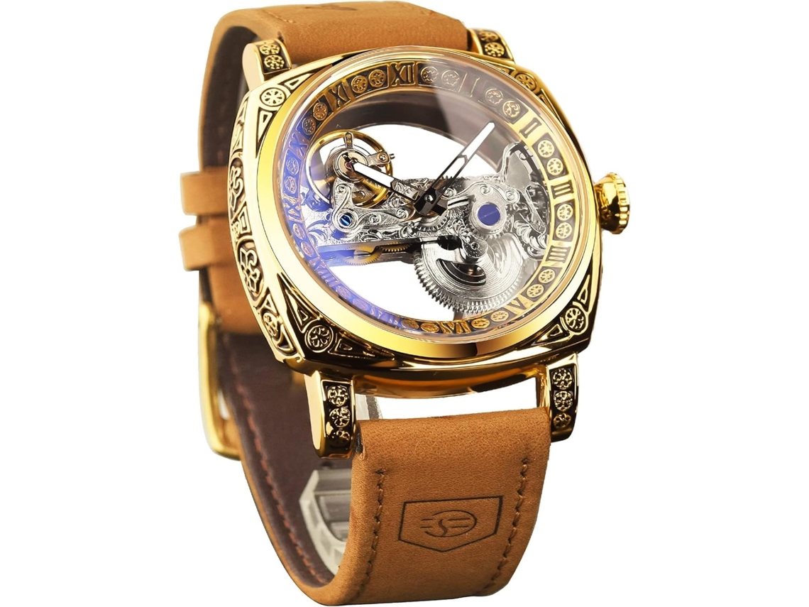 Lurelia Relógio Mecânico Masculino, Luminoso, Couro, Dourado, Castanho
