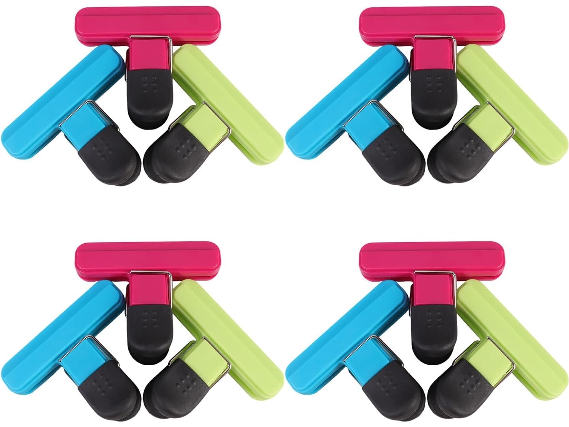 Conjunto de 12 pinos para sacos de alimentos, com vedação hermética para data de validade em ABS, ideais para manter alimentos frescos e conservados.