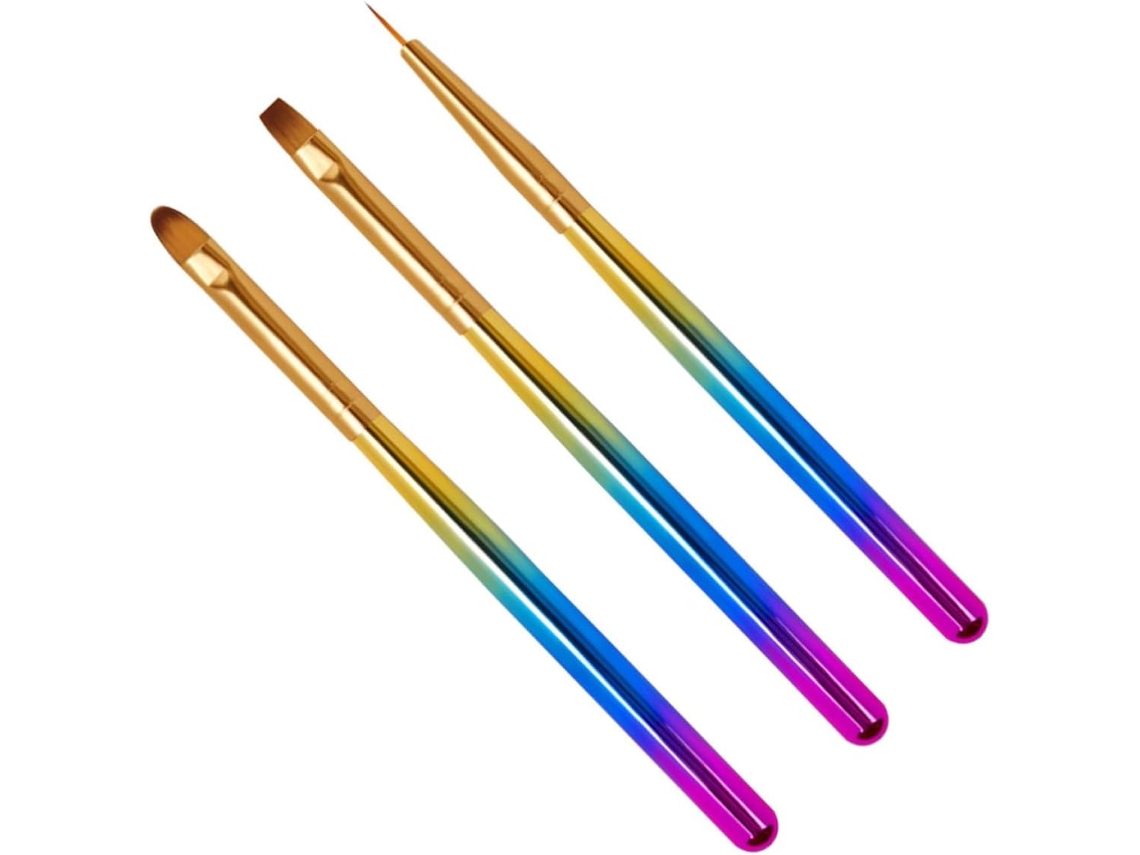 Conjunto de 3 pinças para nail art com cabos de policarbonato degradê e cerdas de nylon.