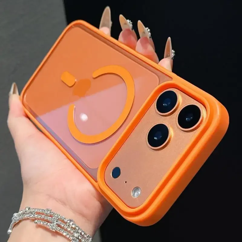(iphone 14 Laranja) Compatível Com Capa Protetora Magsafe E Tampa Traseira De Acrílico.