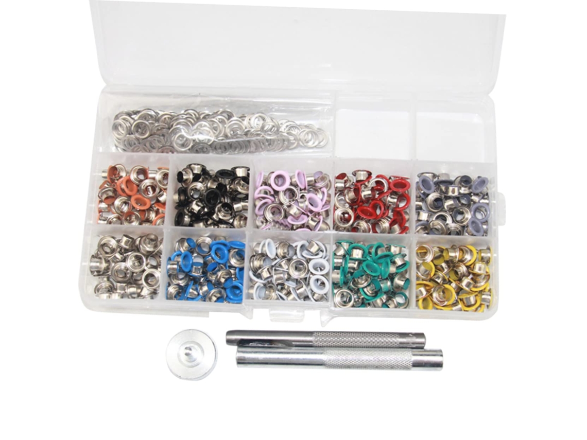 Kit com 400 Ilhós Metálicos Multicoloridos, Ferramentas de Instalação, Caixa de Armazenamento e Acessórios. SFUSHOS