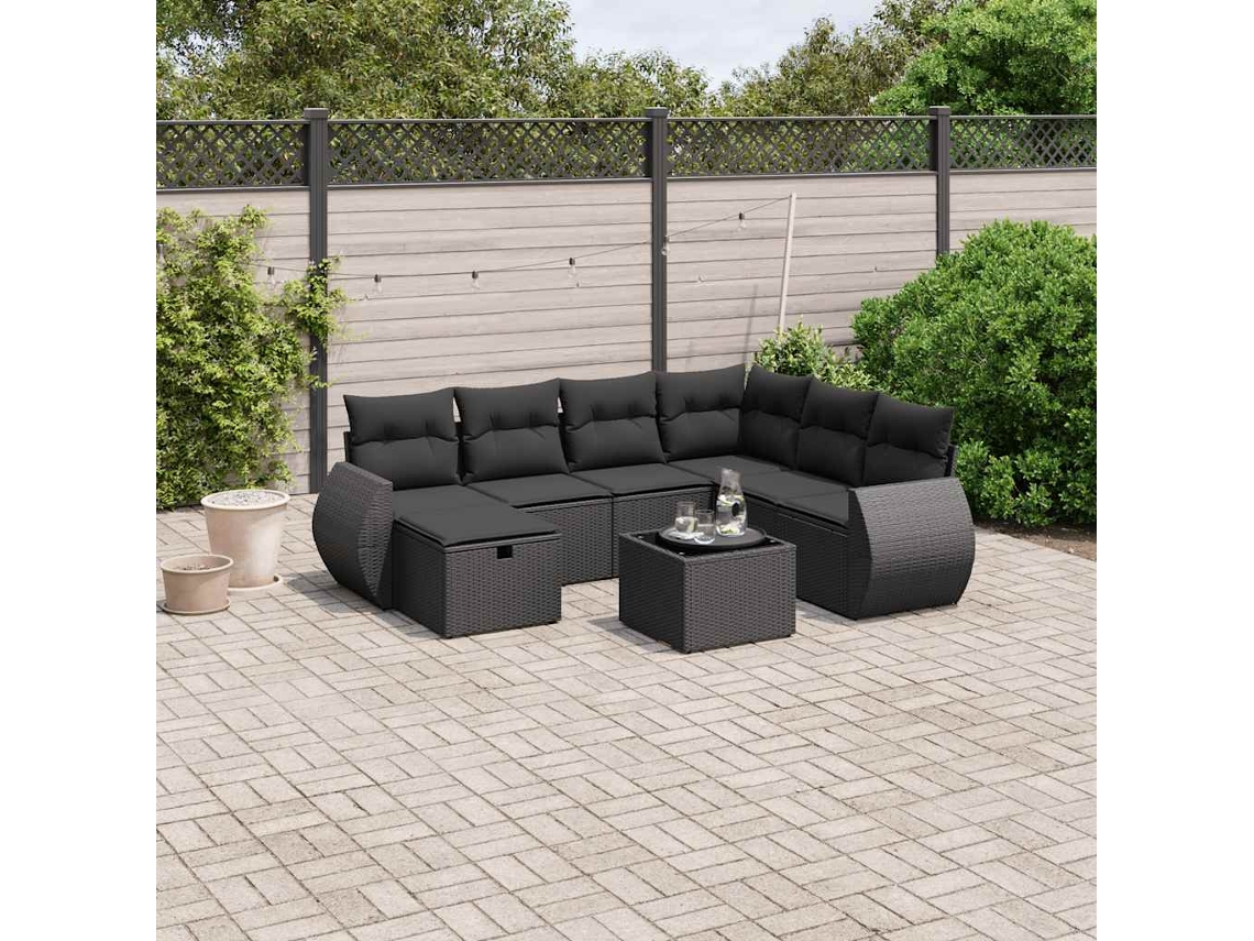 Vidaxl 8 Pcs Conjunto Sofás De Jardim Com Almofadões Vime Pe Preto