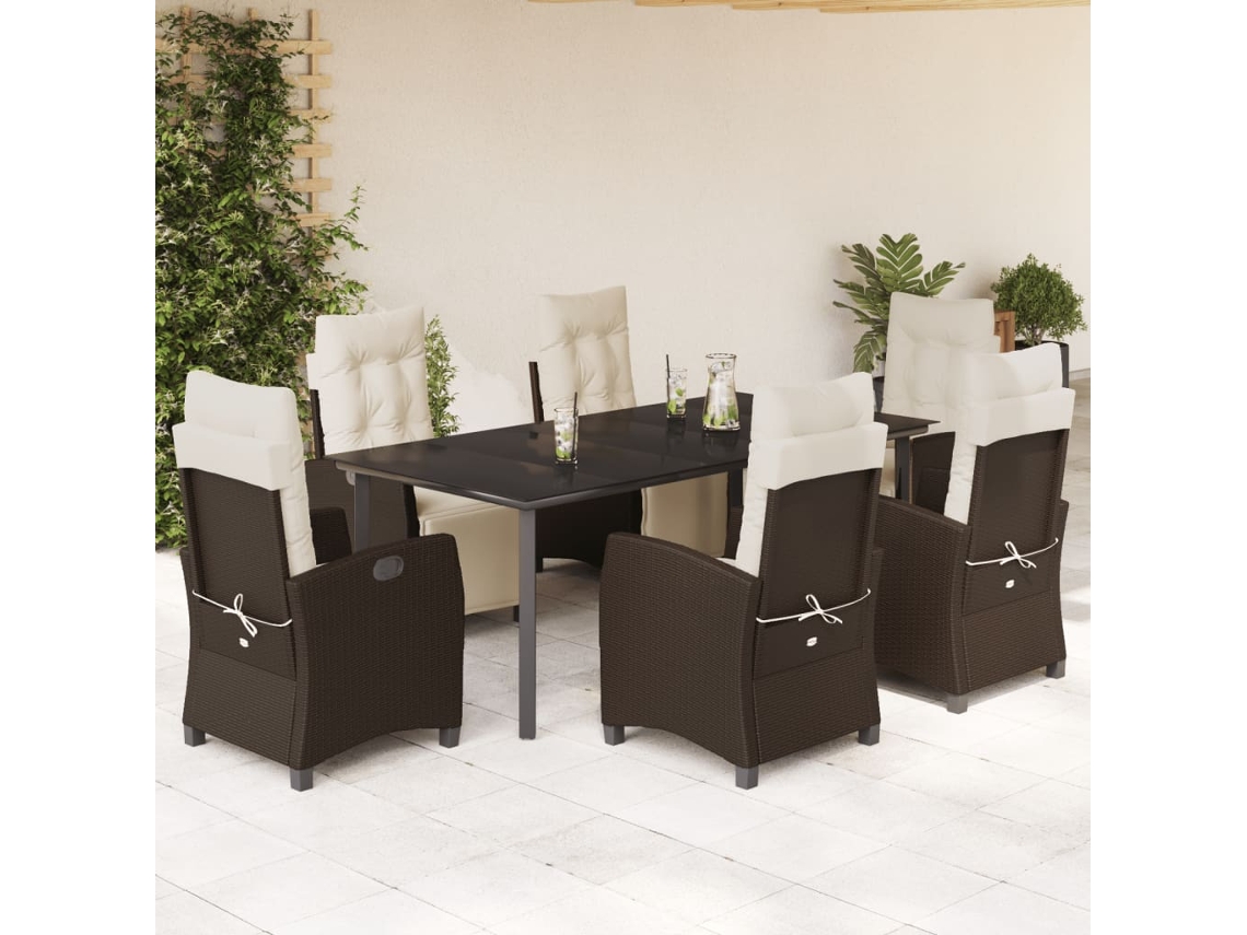 Vidaxl 7 Pcs Conjunto Jantar P/ Jardim C/ Almofadões Vime Pe Castanho