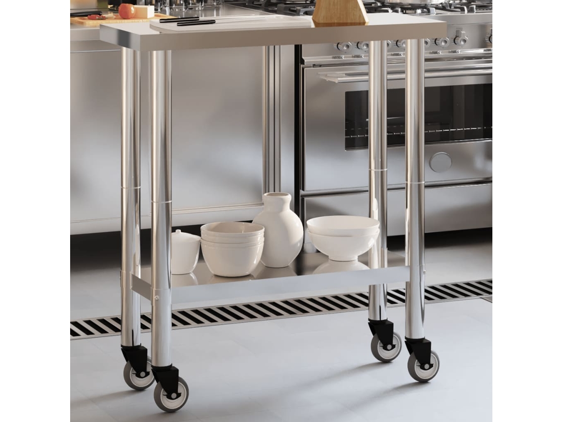 Vidaxl Mesa De Trabalho De Cozinha C/ Rodas 82,5x30x85 Cm Aço Inox.