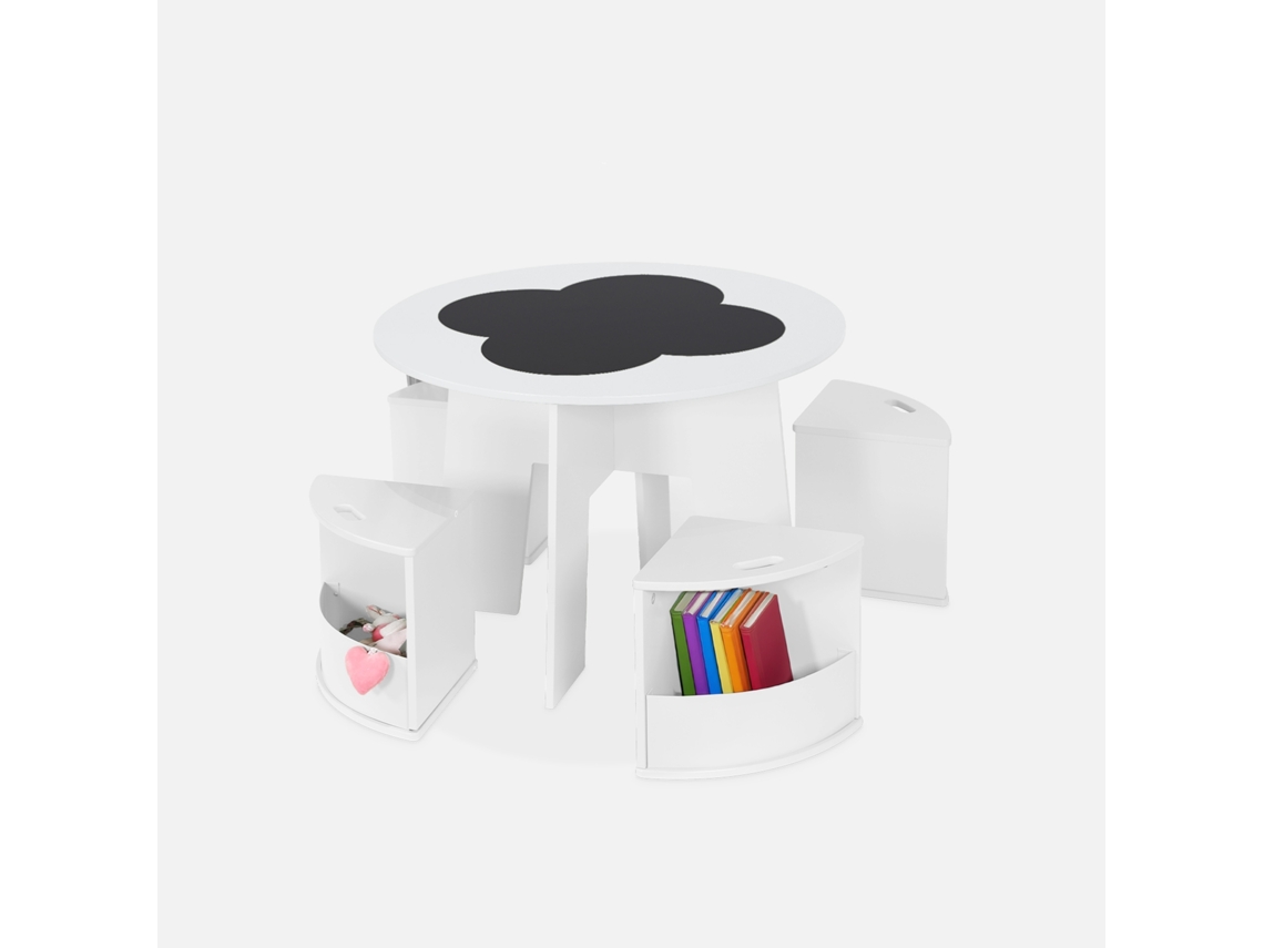 Mesa com Ardósia e 4 Cadeiras com Arrumação para Crianças Branco SWEEEK