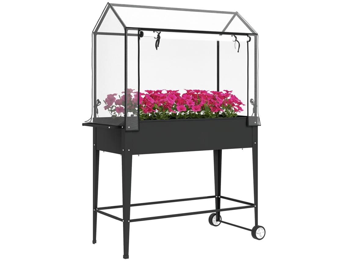 Praça de Horta Independente com Lona de Pvc, Vaso Elevado com Rodas, Furo de Drenagem, 100 X 45 X 152 Cm, Preto Ge