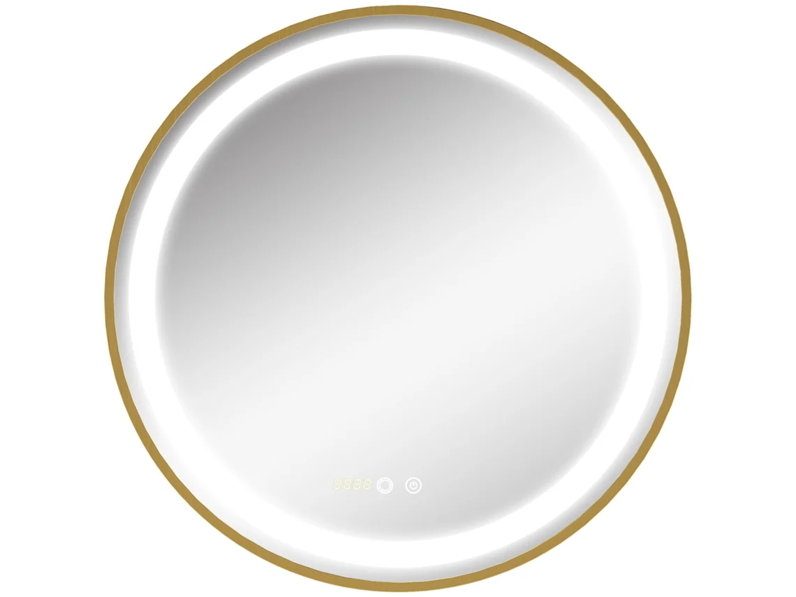 Espelho de Banheiro com Luz Touch Led Função de Memória Brilho e Cor Ajustáveis e Relógio Ø60x4 Cm Ouro Ge