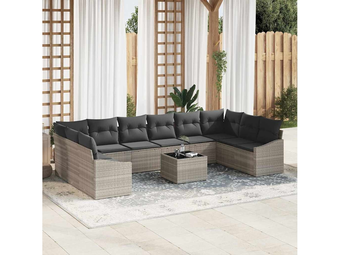 Vidaxl Conjunto de Sofás com Almofada 11 Pcs Cinzento claro Vime Pe