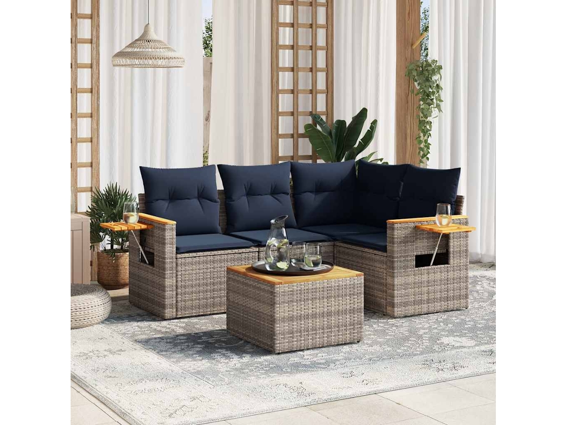 Vidaxl 5 Pcs Conjunto Sofás P/ Jardim C/ Almofadões Vime Pe Cinzento