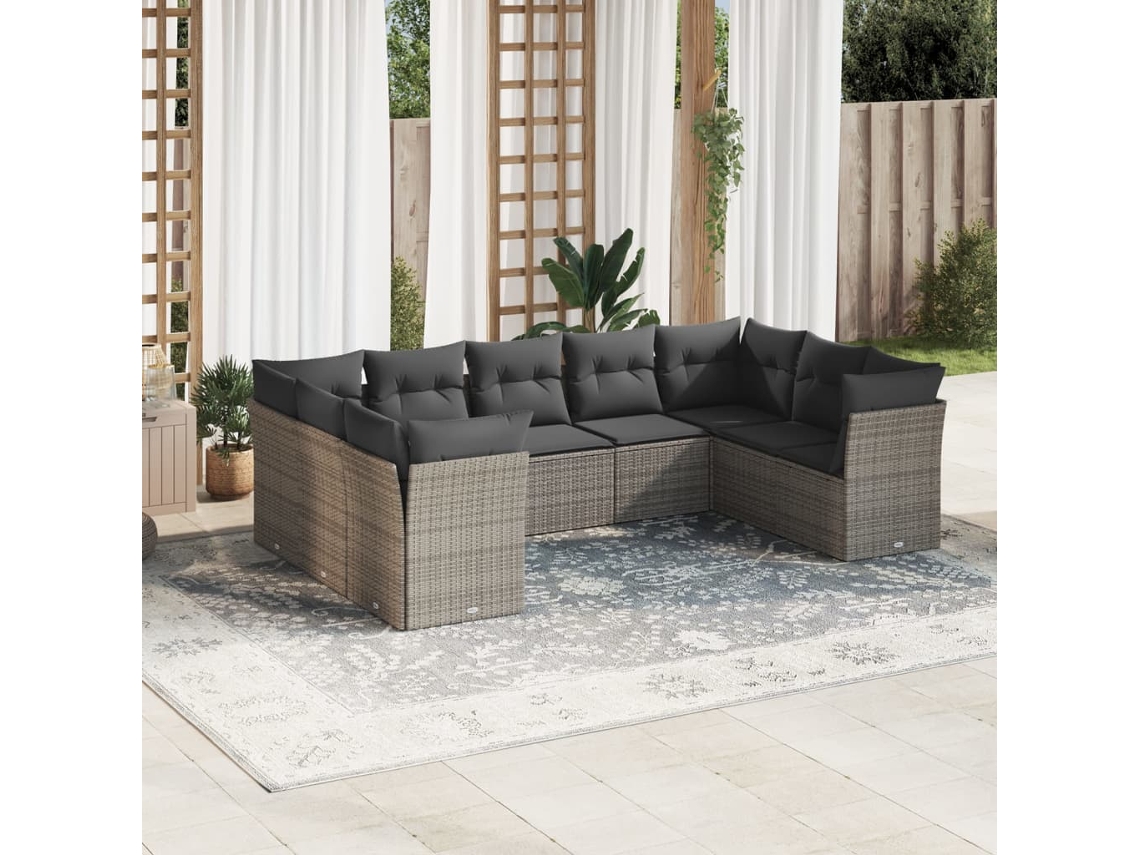 Vidaxl 9 Pcs Conjunto Sofás P/ Jardim Com Almofadões Vime Pe Cinzento