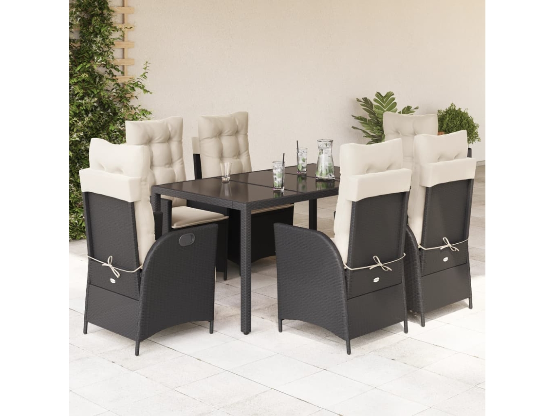 7 Pcs Conjunto De Jantar P/ Jardim C/ Almofadões Vime Pe Preto Dkd Home Decor