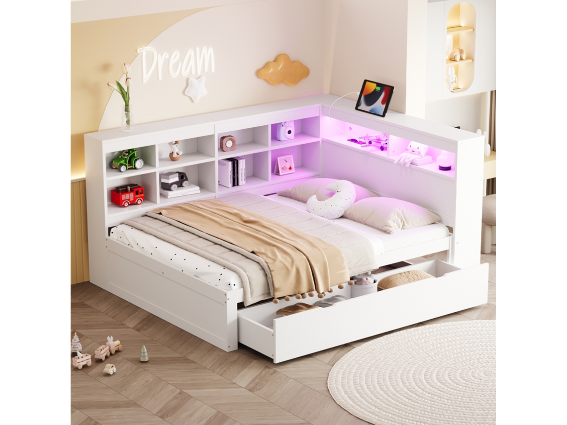 Sofá Madeira 140x200 Gavetas Usb Led Prateleiras Branca