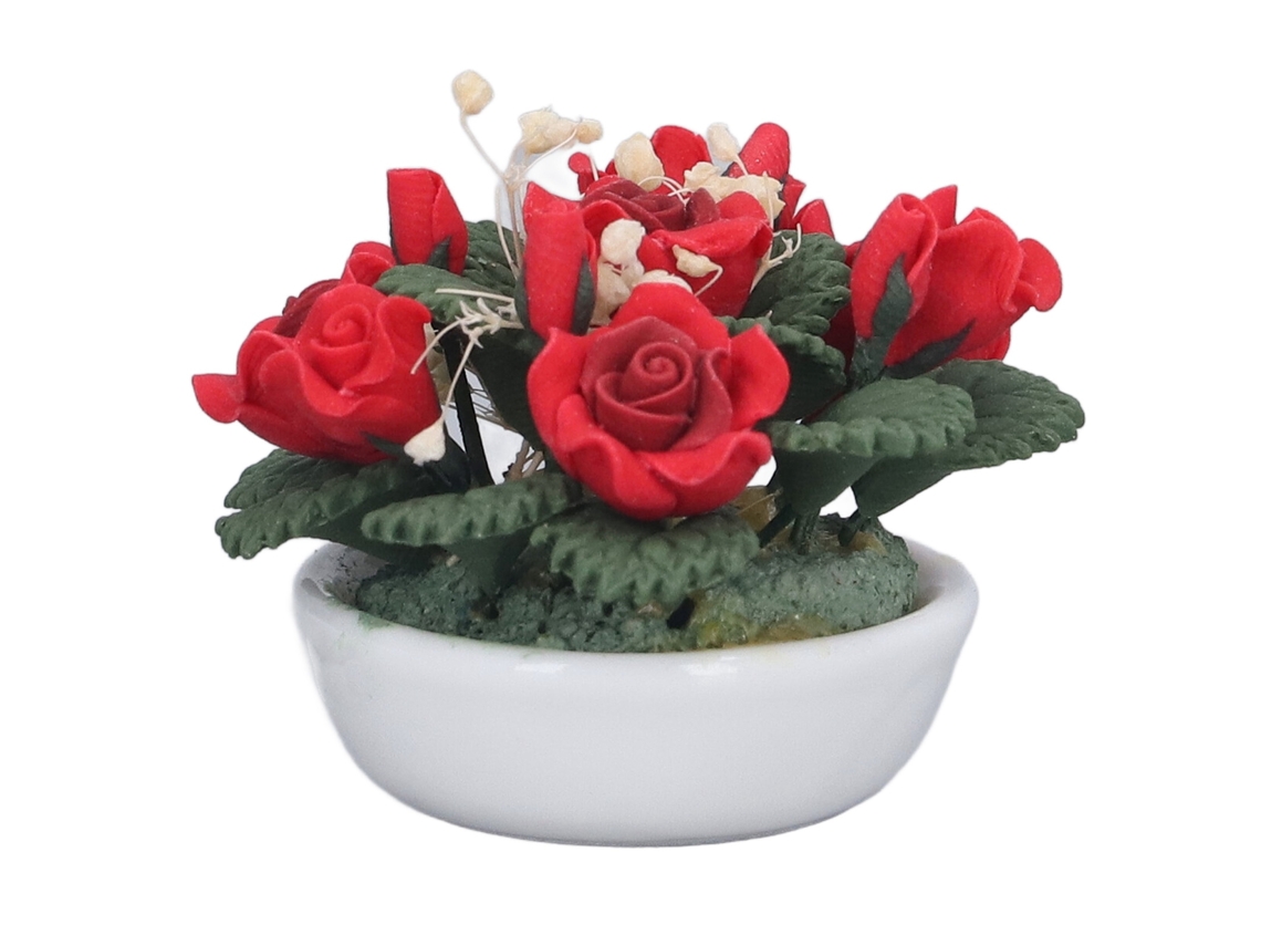 Mali miniatura de Rosa Vermelha Artificial para Casa de Bonecas 1:12 com Vaso Cerâmico Diy