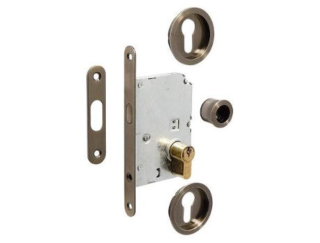 Kit cerradura puerta corredera ø60 cuero superacodado cilindro 20-20 latonado.