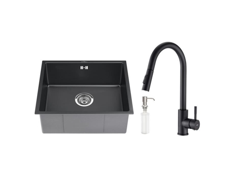 Pia 50X43X19 Cm em Aço Inoxidável com Torneira de Cozinha Spray Removível e Dispensador de Sabão AURALUM MAX