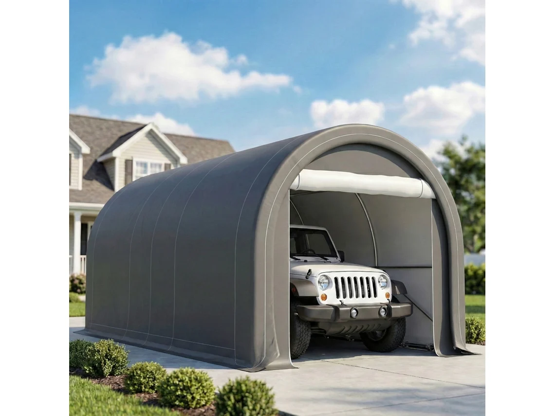 Garagem Externa Impermeável 3x5m Para Carro, Estrutura De Aço Galvanizado, Tecido Pe Resistente Upf30+ Na Cor Cinza