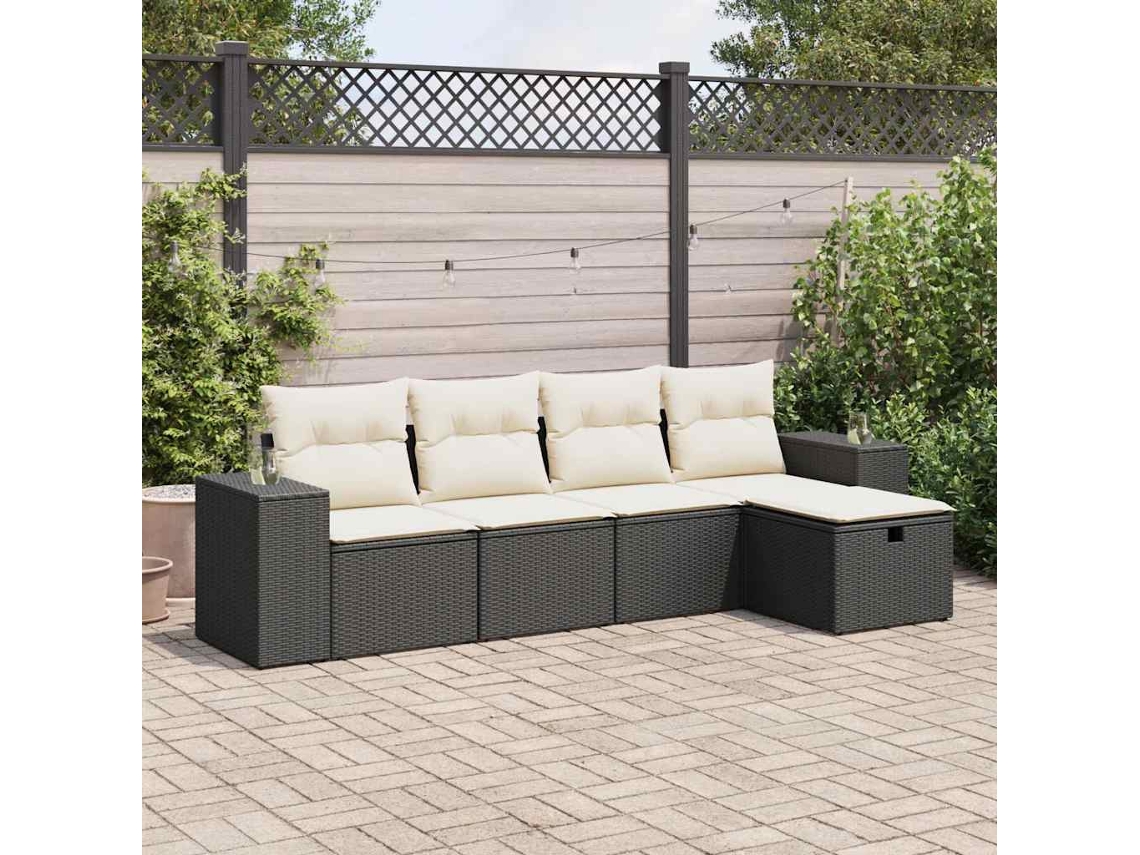 Vidaxl 5 Pcs Conjunto Sofás De Jardim Com Almofadões Vime Pe Preto