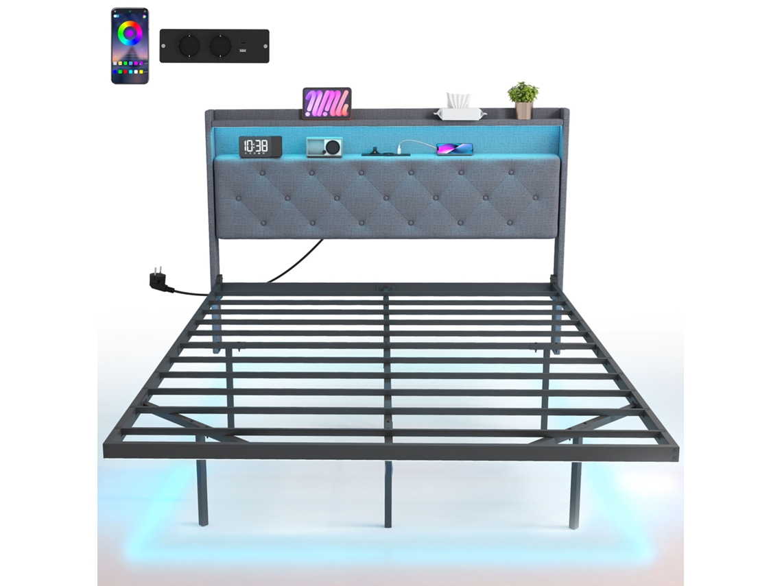 Estrutura da Cama 140 X 190 Cm com Base de Aço. Cama Flutuante para 2 Pessoas com Luzes Led Rgb e Estação de Carregamento. Cinza Ge