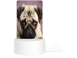 Luminária noturna de LED em acrílico com base de plástico encaixável, estampa de pug, cabeçalho na parte inferior, luz uniforme.