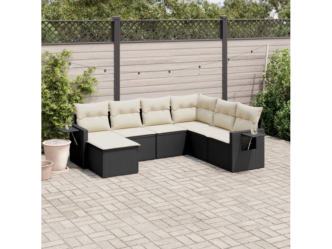 Vidaxl 7 Pcs Conjunto De Sofás P/ Jardim C/ Almofadões Vime Pe Preto