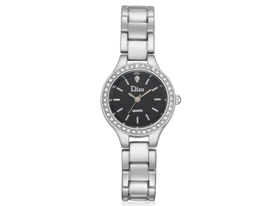 Relógio feminino de quartzo com strass, elegante pulseira de liga metálica, prata e preto.
