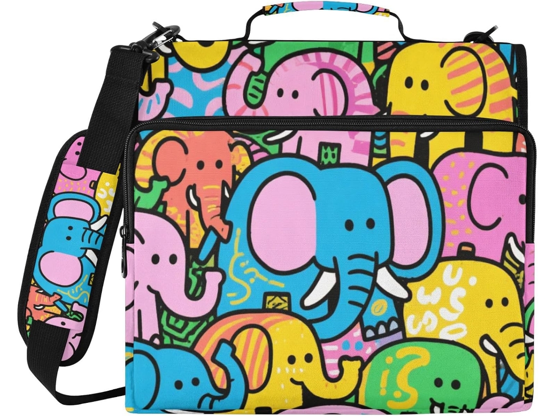Pasta De 3 Argolas Doodle Elephants 1, 5 Polegadas Com Alça Impermeável, Carteira Portátil Escola Escritório