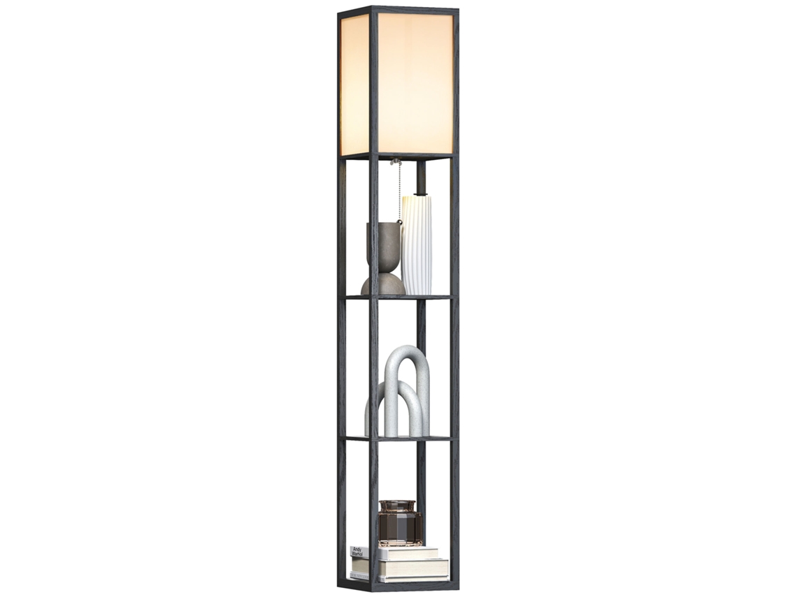 Candeeiro Pé, Madeira, 3 Prateleiras, E27 Máx 40w. 26x26x160cm Preto