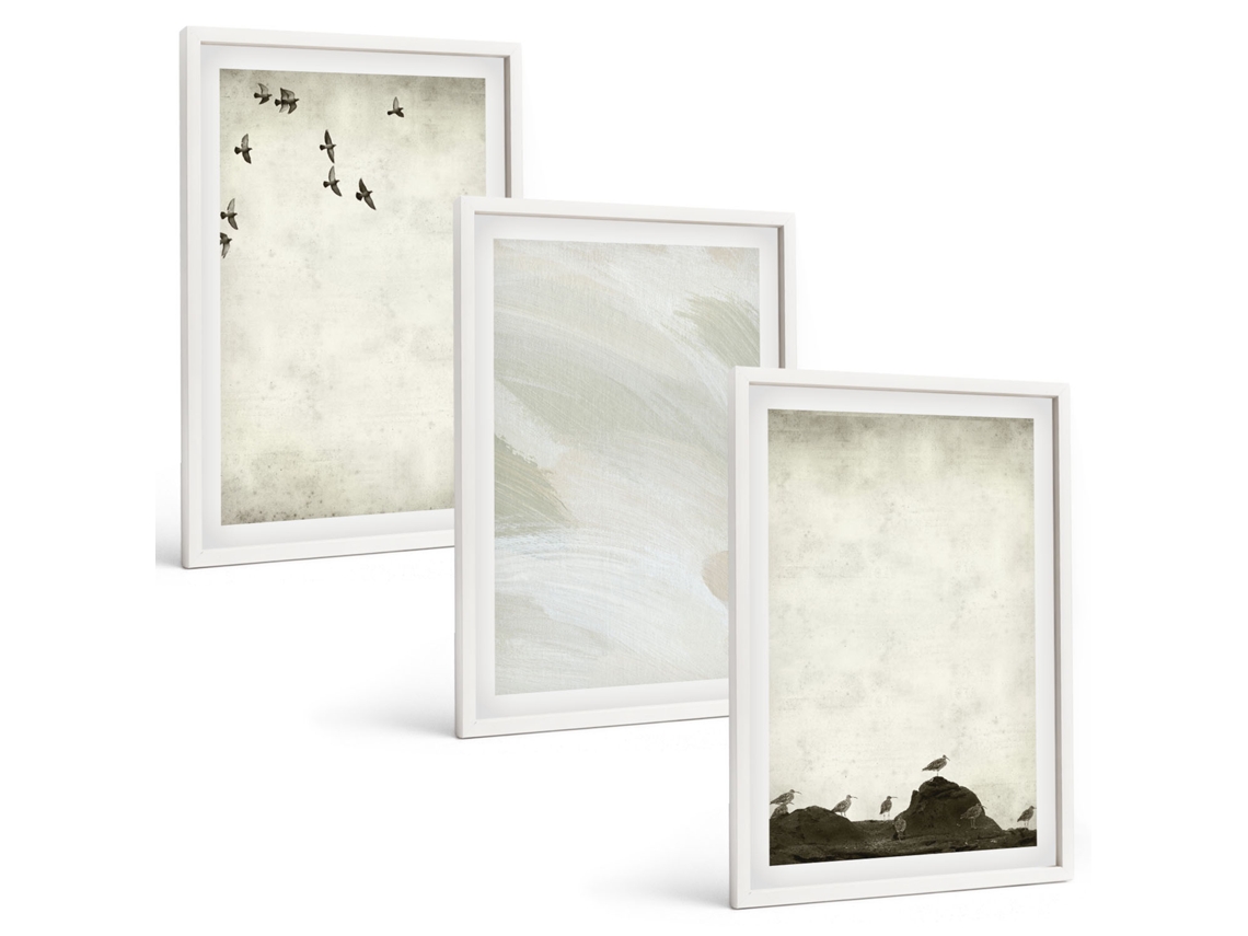 Pinturas Murais Modernas Pássaros, Rochas, Pinceladas, Decorações Moldura Branca Imagens Para Um Quarto Infantil Espelharte (3 Piezas De 40x60 Cm)