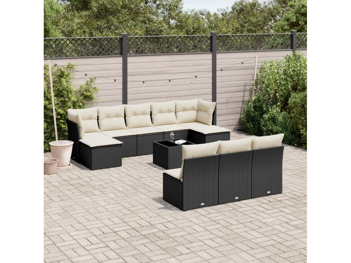 Vidaxl 11 Pcs Conjunto Sofás De Jardim C/ Almofadões Vime Pe Preto